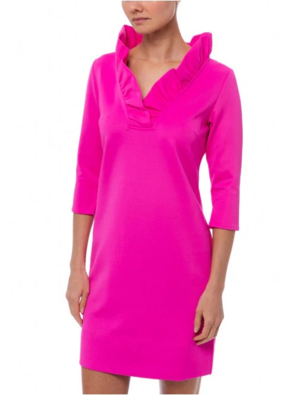 Gretchen Scott Hot Pink Ruffle V-Neck Shift Dress